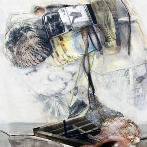 In a timeless place (2018) - Oil, drawing, collage, decollage on cardboard - 27 x 20 cm