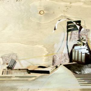 Late Visit (2012) - Oil, drawing, pigmented shellac, collage on wood - 30 x 42 cm