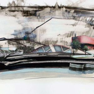 Lowlander (2015) - Oil, drawing, collage, pigmented shellac on cardboard - 30 x 42 cm