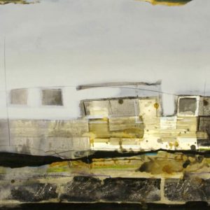 New Land VII (2014) - Oil, drawing, pigmented shellac, tape on linen paper - 38 x 46 cm