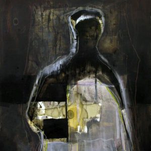 The Secret Carrier (2012) - Oil, drawing, tape, pigmented shellac on linen paper - 56 x 42 cm